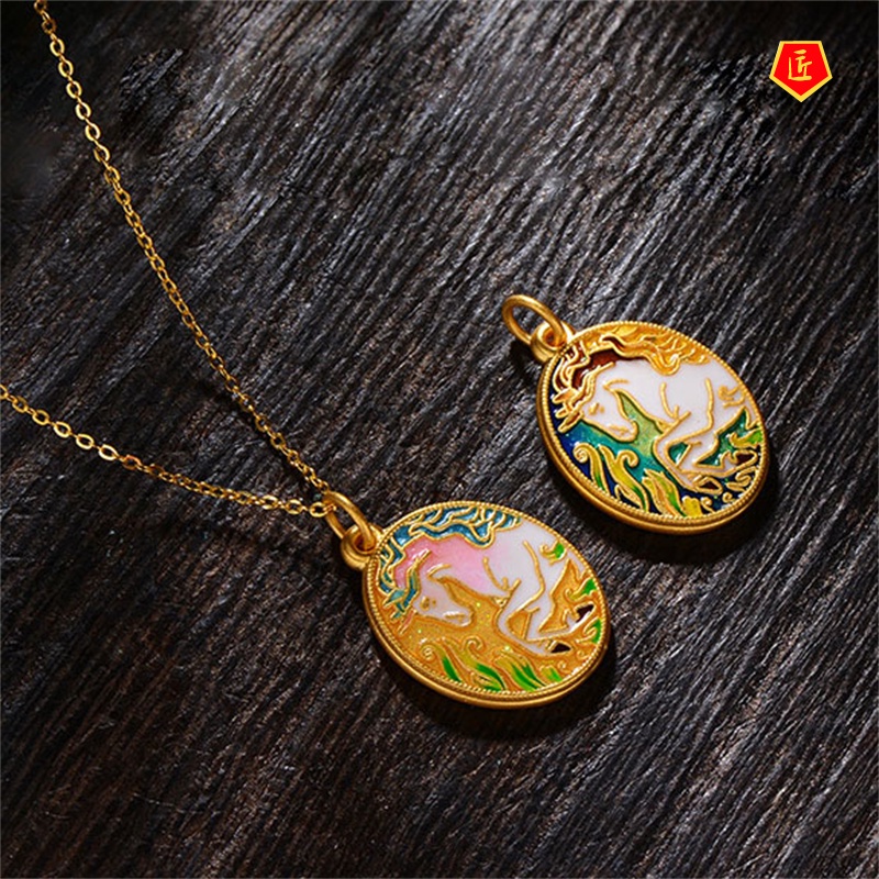 [Ready Stock]Ancient Style Burning Blue Unicorn Pendant 3D Gold Necklace New Fashion