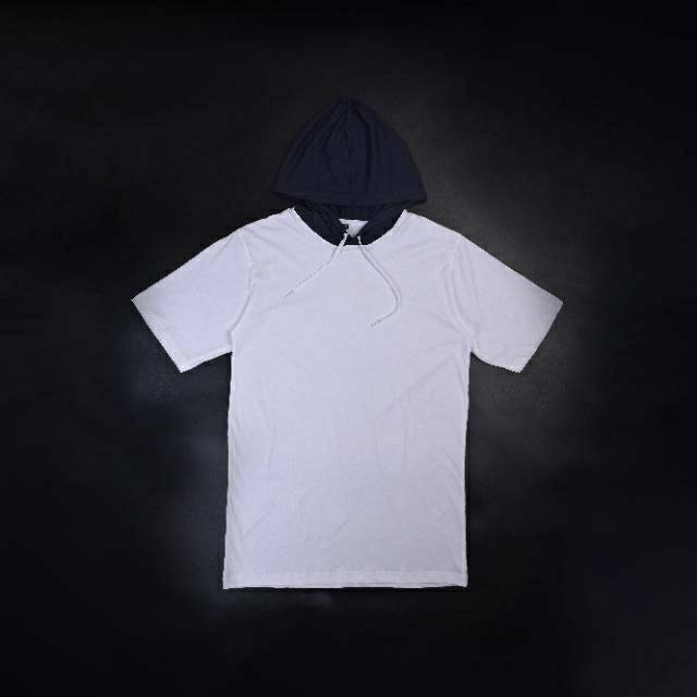 Kaos Hoodie Kupluk Tangan Pendek Unisex Warna Putih Hitam