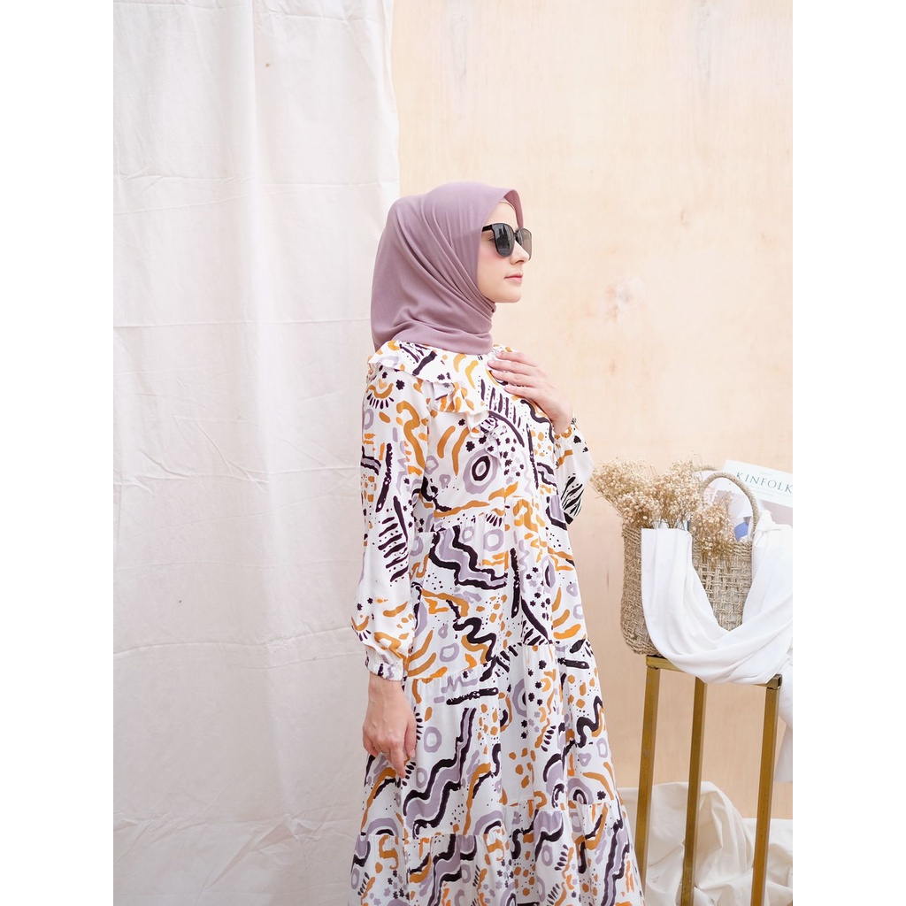 Ounadoutfit MIDI/DRESS MOSA wanita vintage kekinian busui / midi motif abstrak / dress motif rayon / midi dress muslim / homedress rayon motif