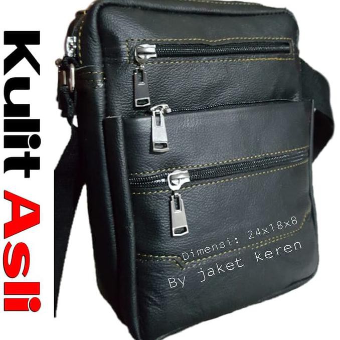 Promo - Tas Selempang Pria Kulit Asli Seleting Banyak Keren Ngak Mesti Mahal - Hitam - Termurah