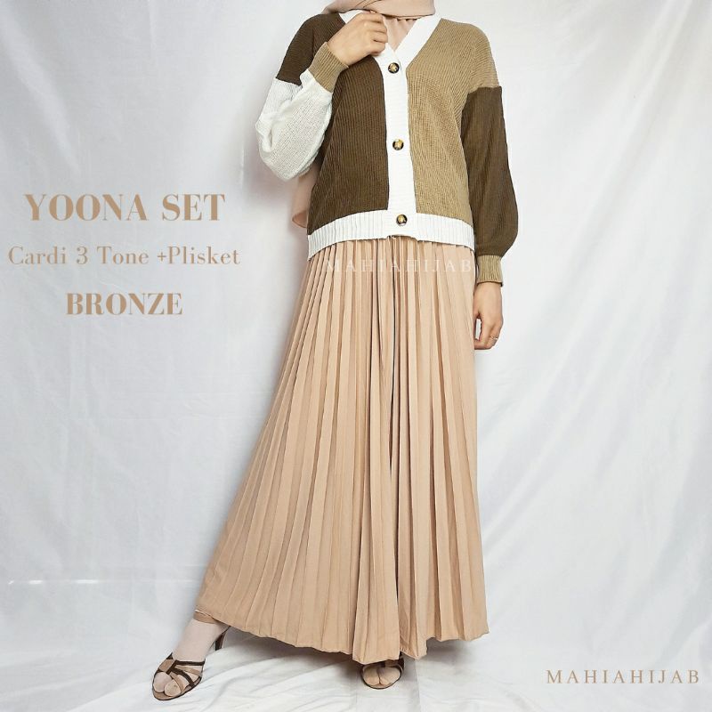 Yoona Set Cardi 3tone + Rok plisket premium,KOREAN STYLE,daily outfit , OUTFIT RAJUT ,  SETELAN LENGKAP , by Mahiahijab