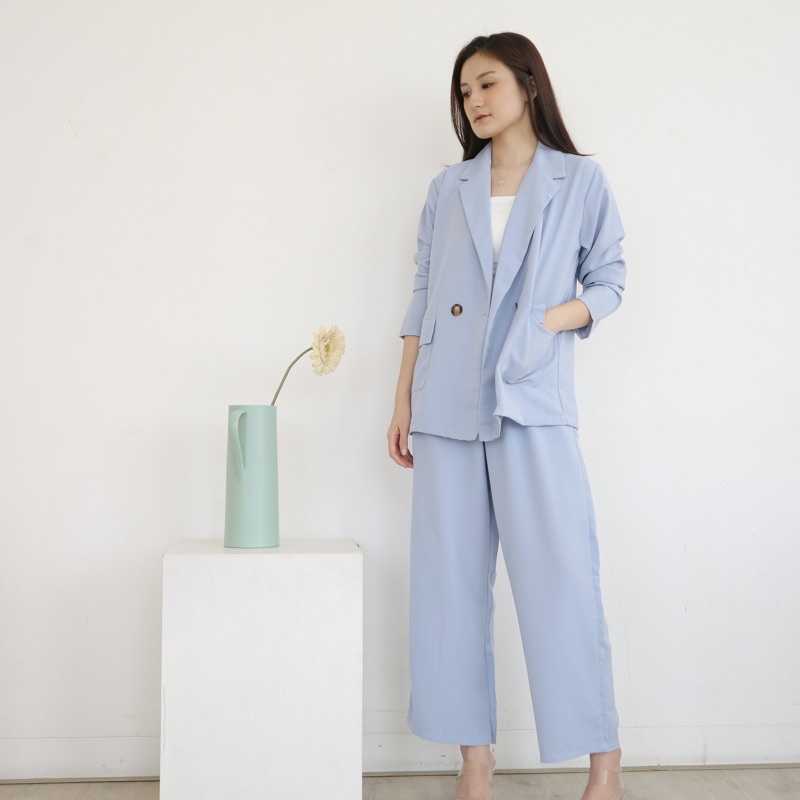 MSMO Set Long Blazer Culotte / Set Wanita / Setelan Wanita / Blazer Wanita / Set Blazer-Pastel Blue (roma)