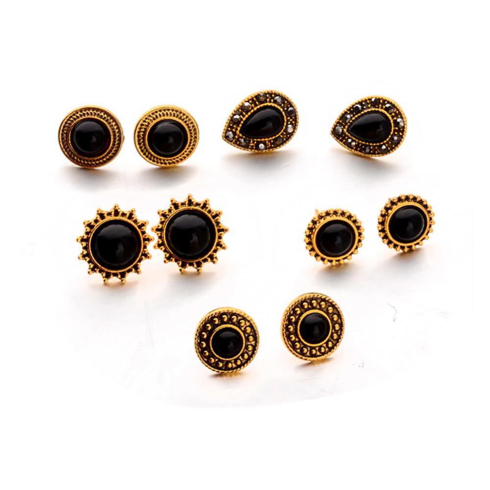 Timekey 5 Pasang / set Anting Tusuk Vintage Bentuk Bunga / Tetesan Air Hias Kristal Hitam Untuk Wanita A9K1