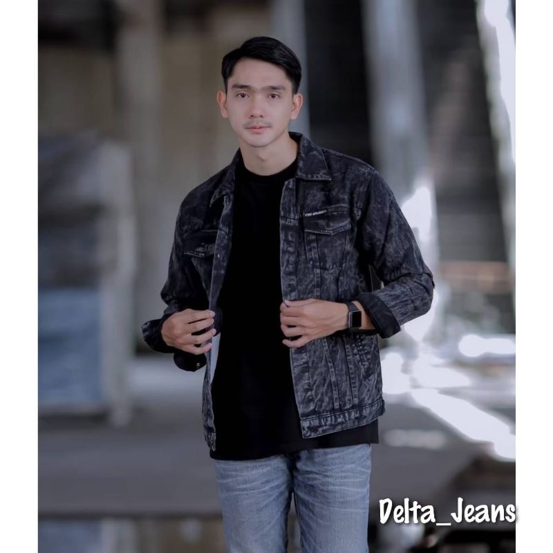 ORIGINAL JAKET JEANS PRIA JAKET JUMBO HITAM JAKET DENIM BIG SIZE SANDWASH