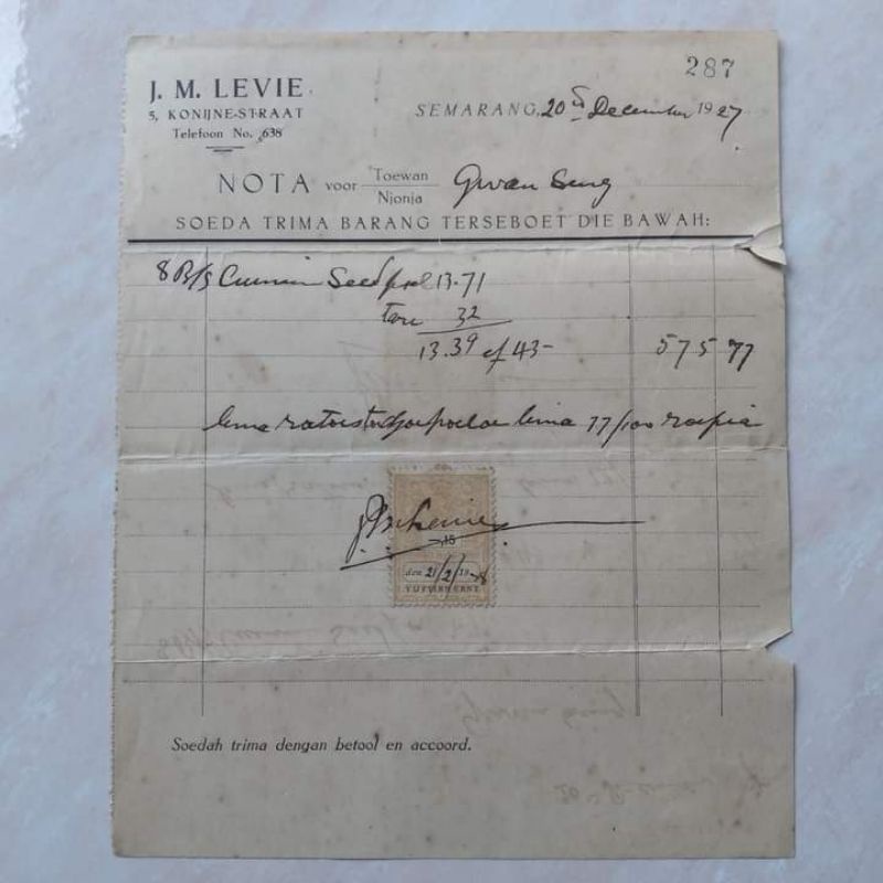 Dokumen Kuno Tua Nota Era Nederland Indie 20 December 1927