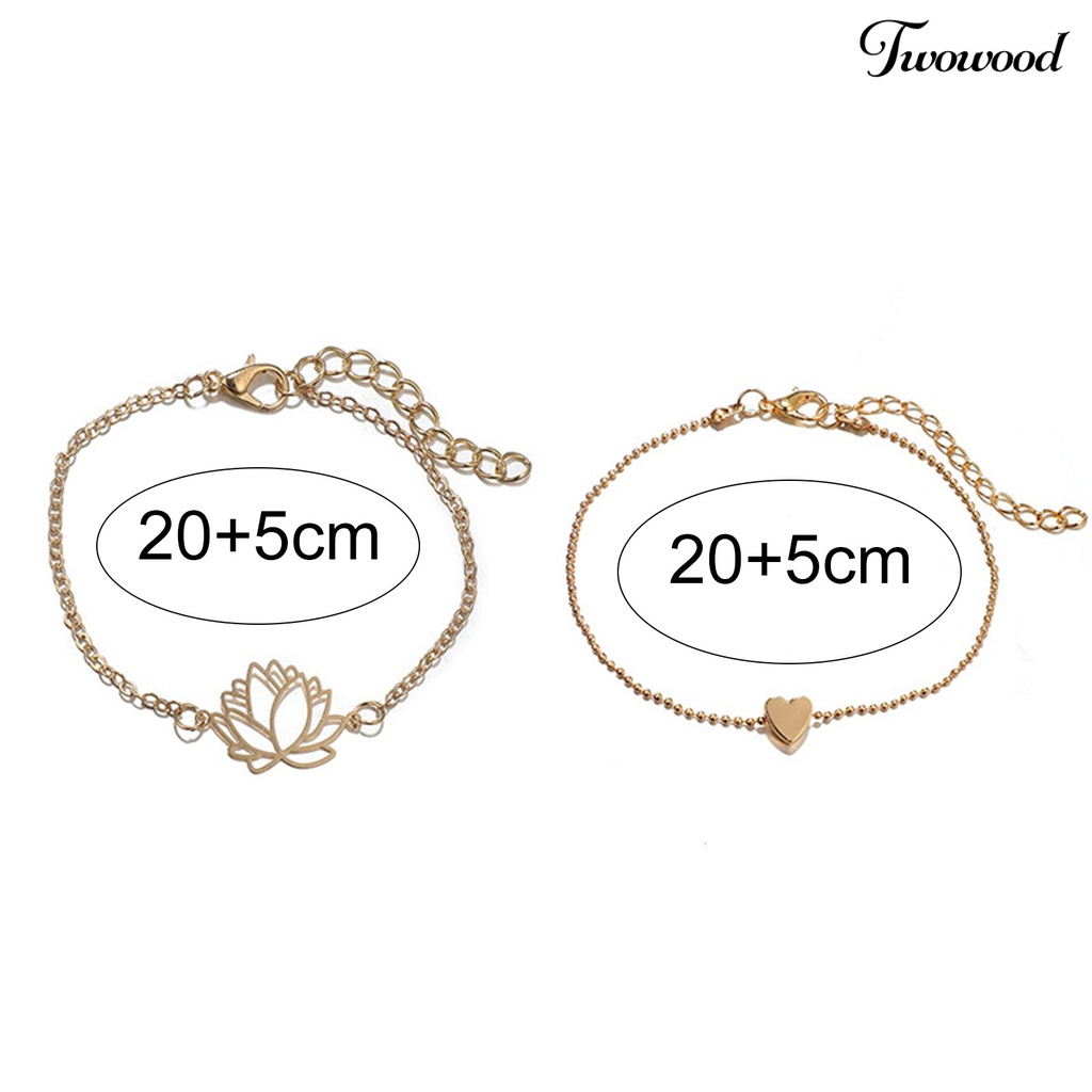 Twowood 2Pcs/Set Lotus Pendent Hollow Out Women Anklets Double Layered Heart Pendent Adjustable Chain Anklets Foot Jewelry