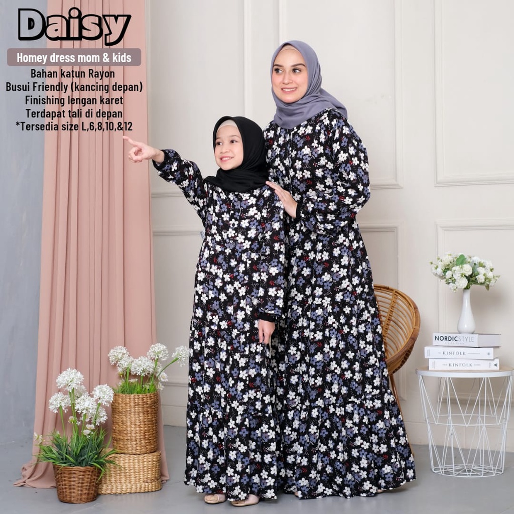 New_ (2)Daisy Dress Mom &amp; Kids-Gamis Katun Rayon Premium/Homey Dress Dewasa Jumbo-Motif Bunga-Nyaman dipakai