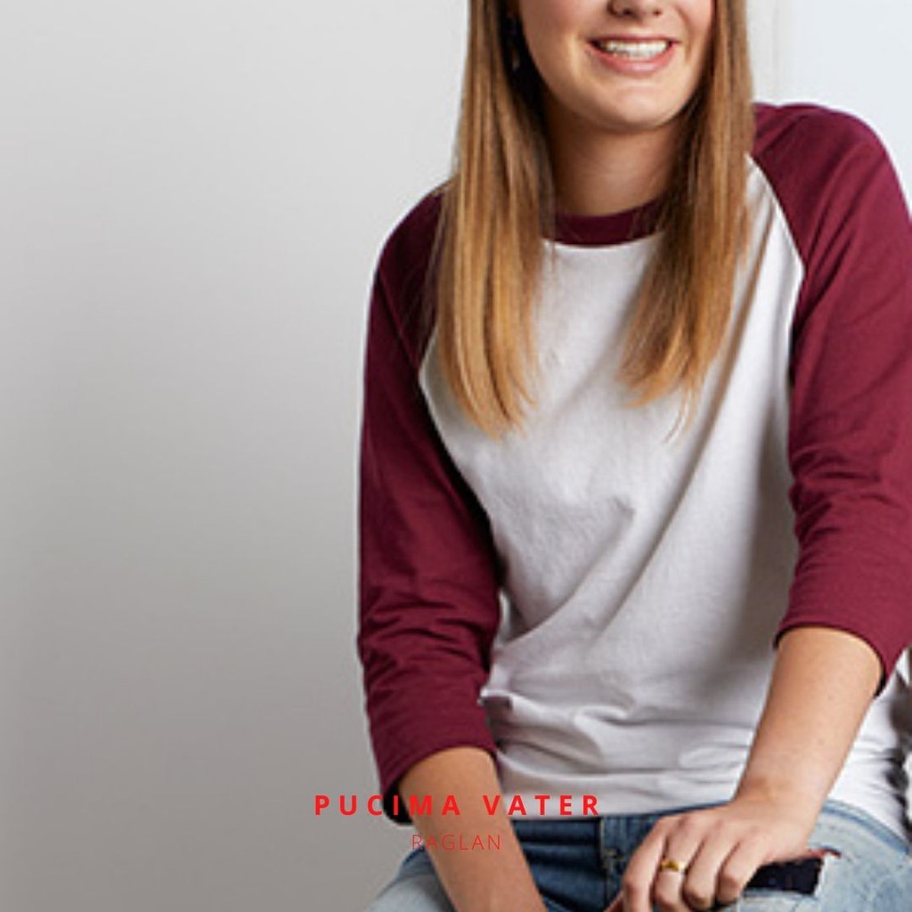 Kaos Raglan Polos Pucima Putih Maroon / Premium Cotton Combed 24s