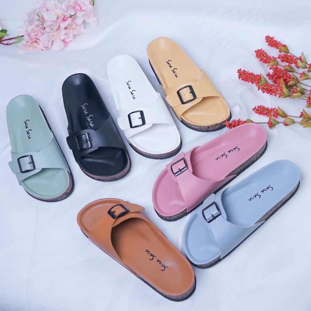 SARASARA YUK - Sandal Wanita Casual Model Slop Birken Sol Puyuh SARA SARA BILLY Sendal Cewek Sol Kulit Santai Singgle Strap Pergi Jalan Gesper Empuk Ringan Size 36 37 38 39 40 Warna Pink Soft Selop Anti Slip Original Terbaru Shoes ORI Mall Official Store