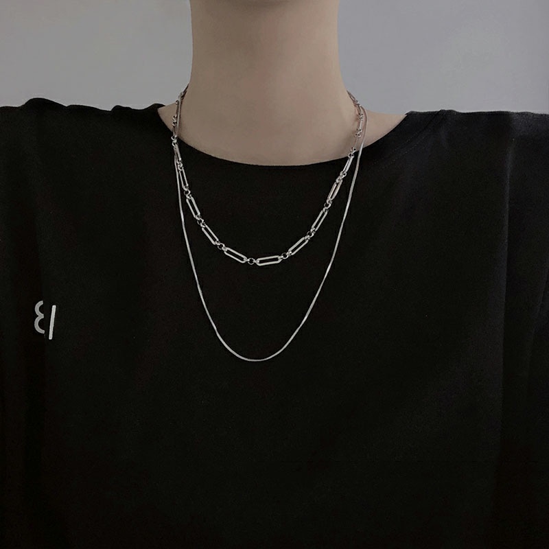 Gaya Korea trendi keren twin double-layer desain kalung rasa semua yang sesuai dengan hoodie rantai