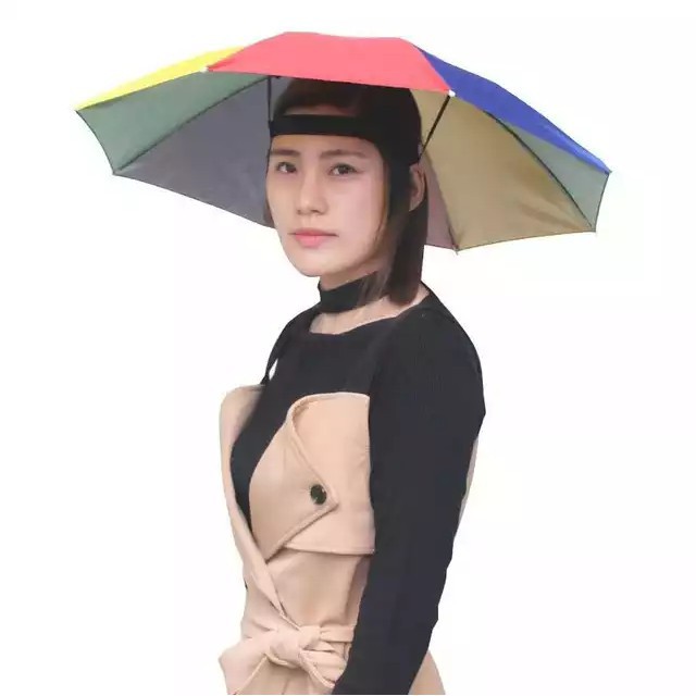 Payung Topi / Headband Umbrella Hat/ Topi Payung Mancing / Payung Kepala Motif Pelangi 60 Cm