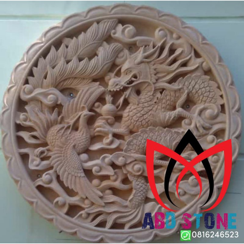 relief tempel dinding batu alam motif naga diameter 100cm bulat pajangan hiasan dekorasi dinding