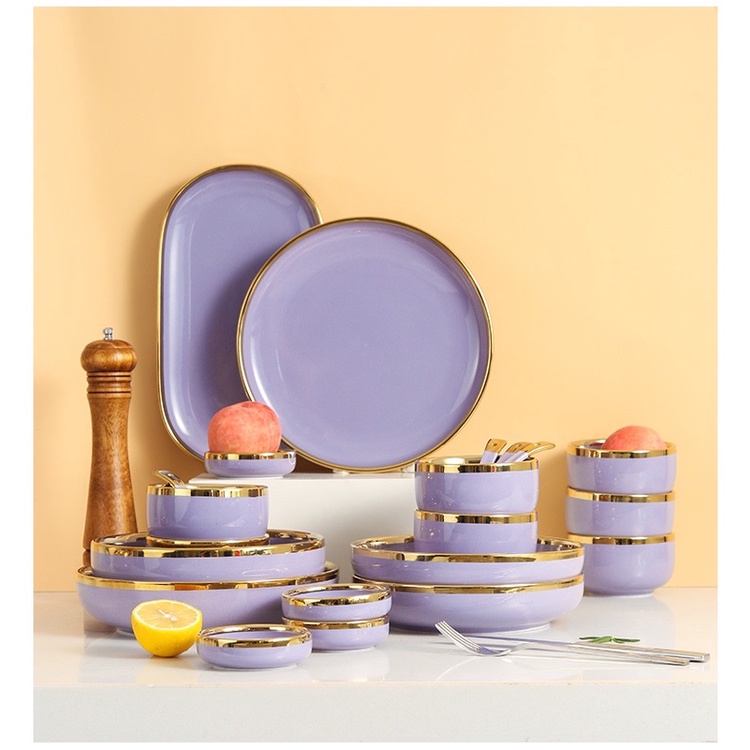 Piring set ungu gold Oriental Dining set 9pcs, 18, 26pcs tanpan nampan oval, 26 pcs dengan nampan oval free box