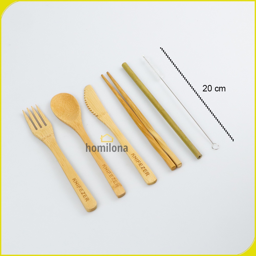 Cutlery Set Perlengkapan Makan Sendok Garpu Pisau Sumpit Sedotan Japanese Style Bamboo - KNIFEZER EA02510 - Wooden