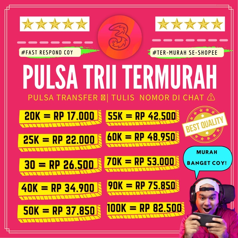 PROMO PULSA TRI 25K 30K 35K 40K 45K 50K 55K 60K 65K 70K 75K 80K 85K 90K 95K 100K TRANSFER MURAH