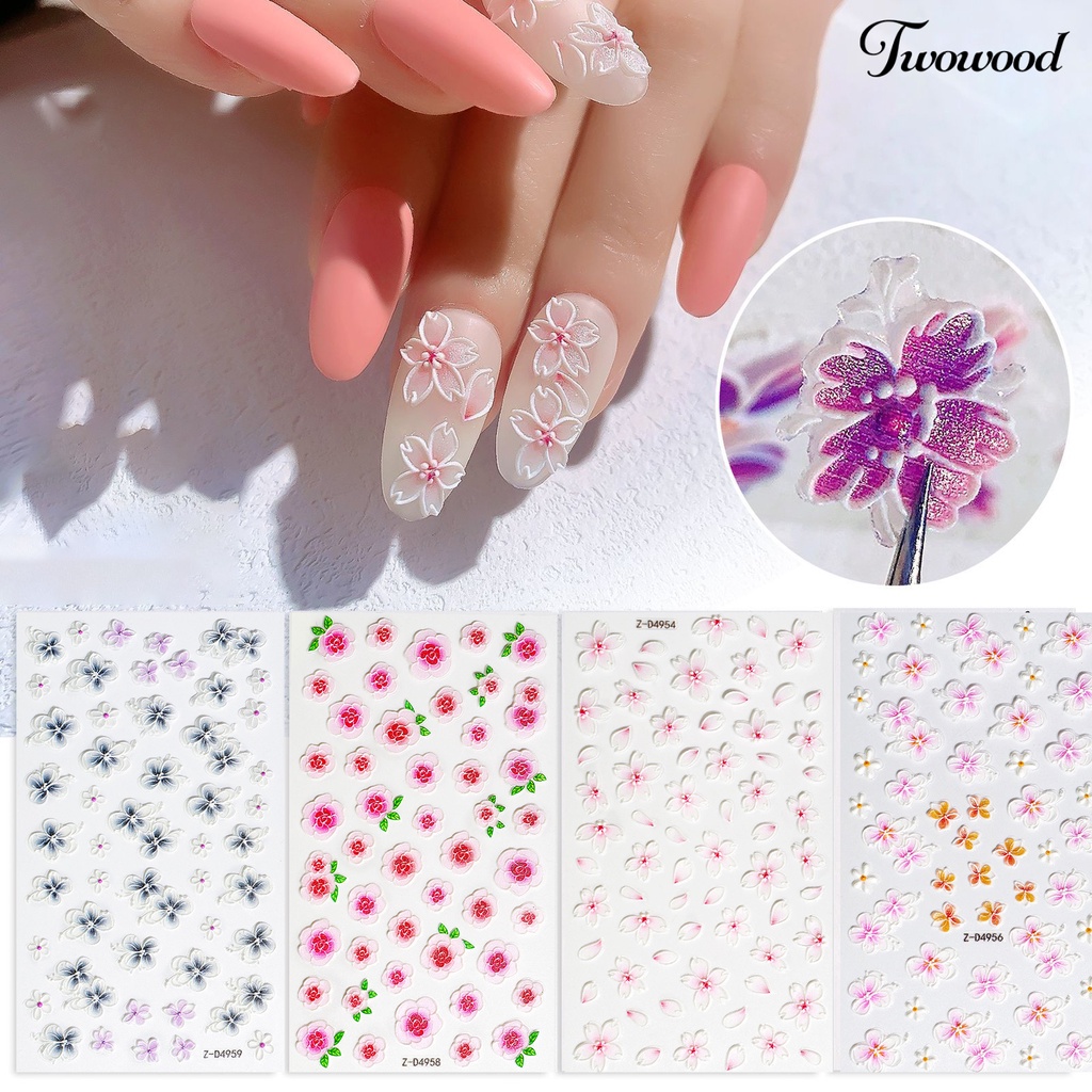 Twowood Stiker Decal Motif Bunga / Daun 5D Ultra Tipis Untuk Dekorasi Nail Art / Manicure