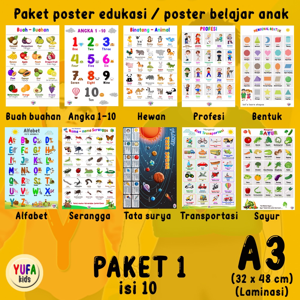 Poster paket 1 isi 10 - Poster Edukasi Anak - Poster belajar anak - Poster wipe and clean - perlengk