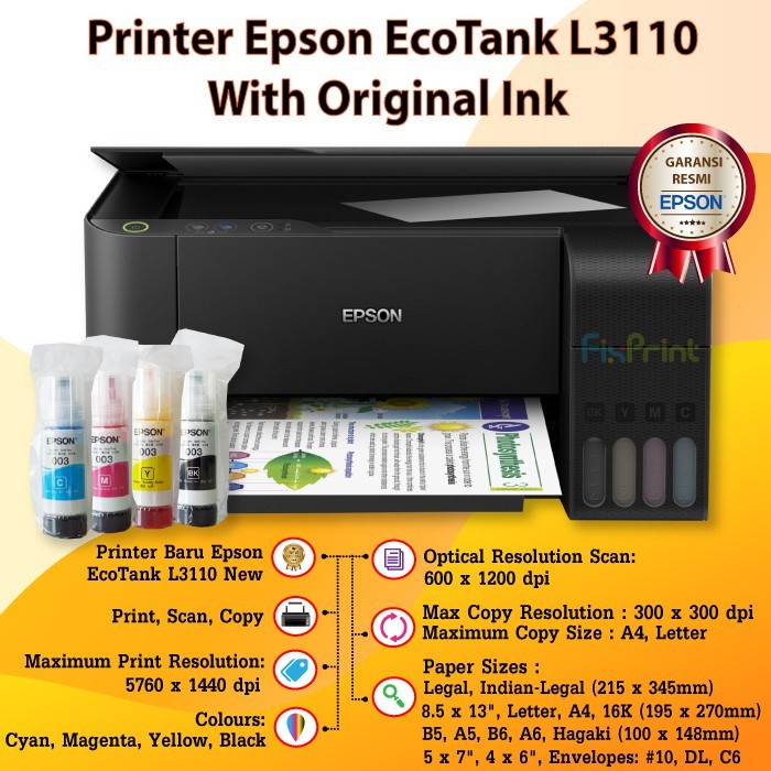 Printer ECO / Ink Tank, All In One Epson L3110 Print Scan Copy Baru, Garansi Resmi Epson Indonesia