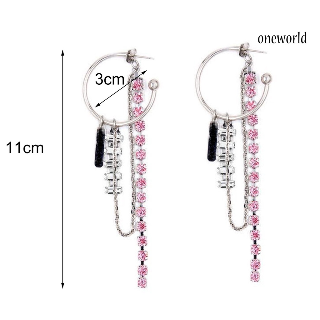OW@ 1 Pair C-shaped Chain Tassel Drop Earrings Women Pink Rhinestone Clip Earrings Jewelry Accessory