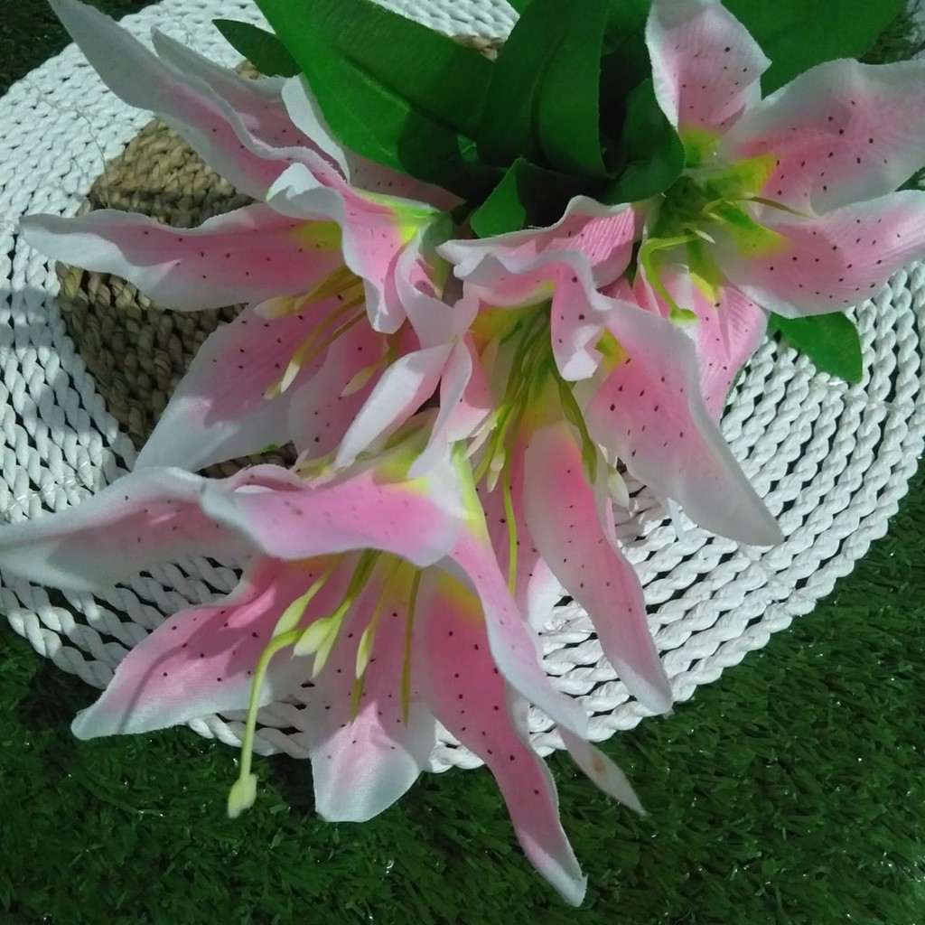 Share:  0 Bunga Lili Plastik Tanpa Vas / Pot Lily Artificial Kembang Sepatu Pink