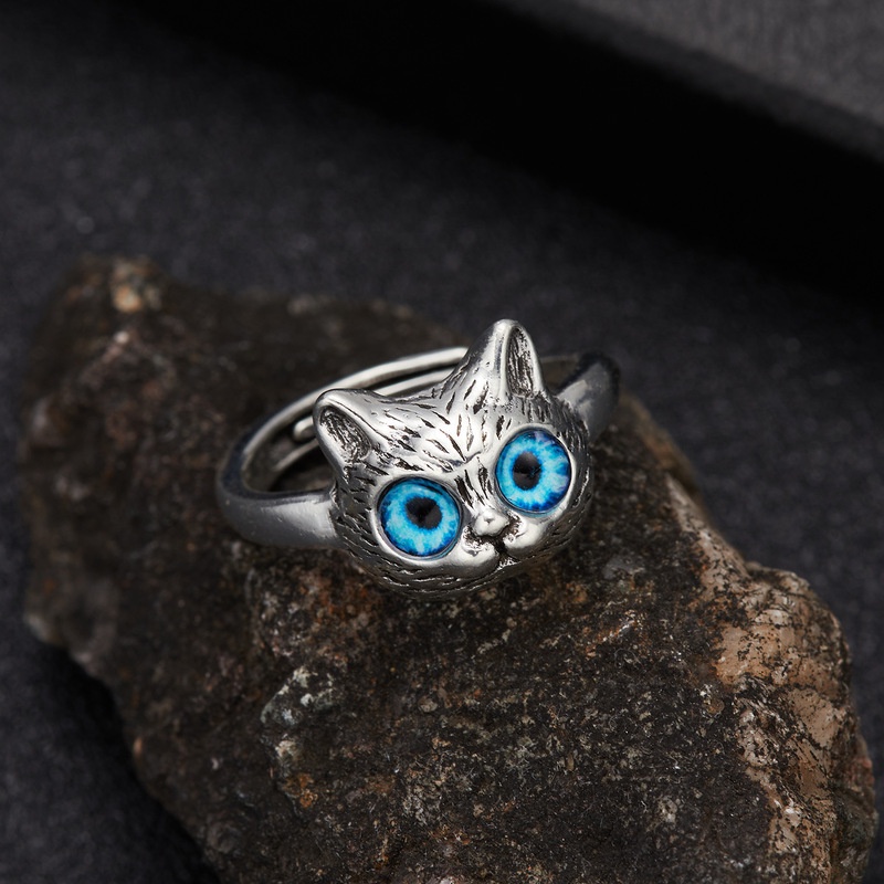 Cincin Bentuk Kucing Mata Biru Gaya Vintage Adjustable Untuk Unisex