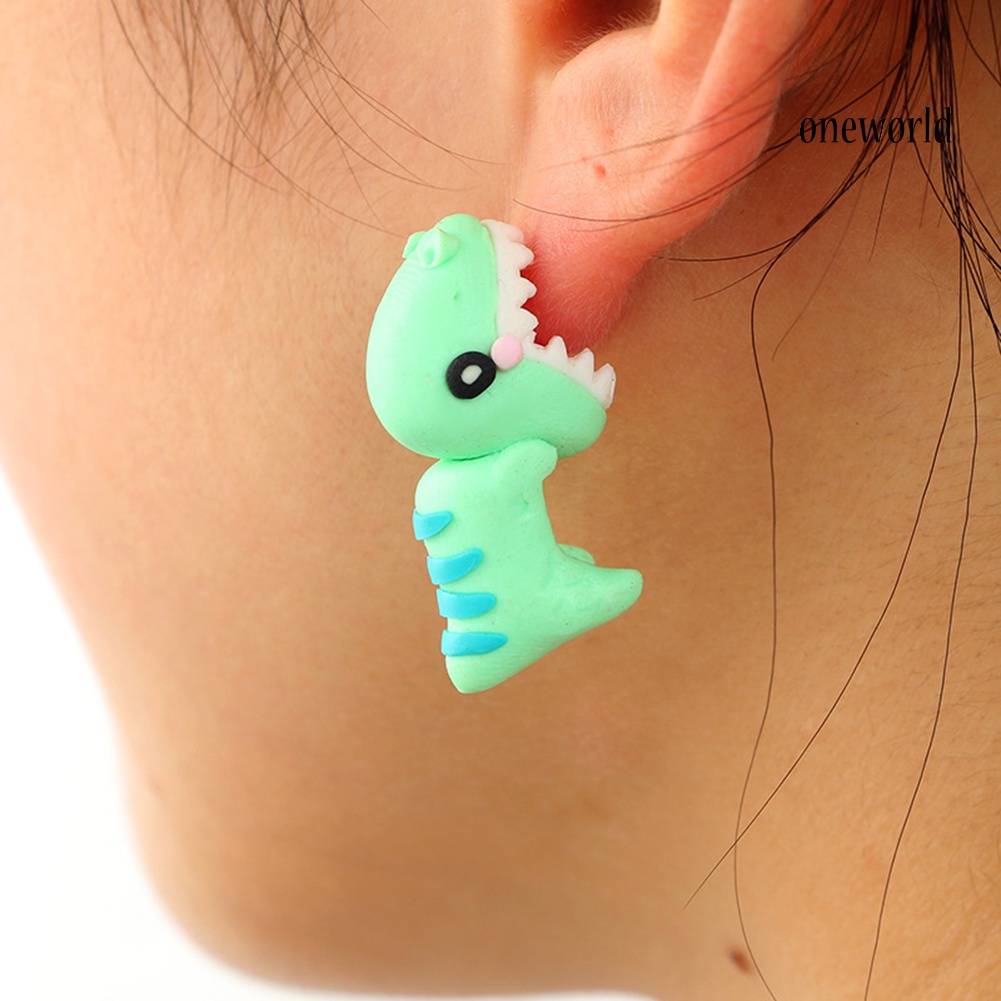 OW@ Cartoon 3D Dinosaur Polymer Clay Ear Stud Jewelry Cute Animal Women Earrings