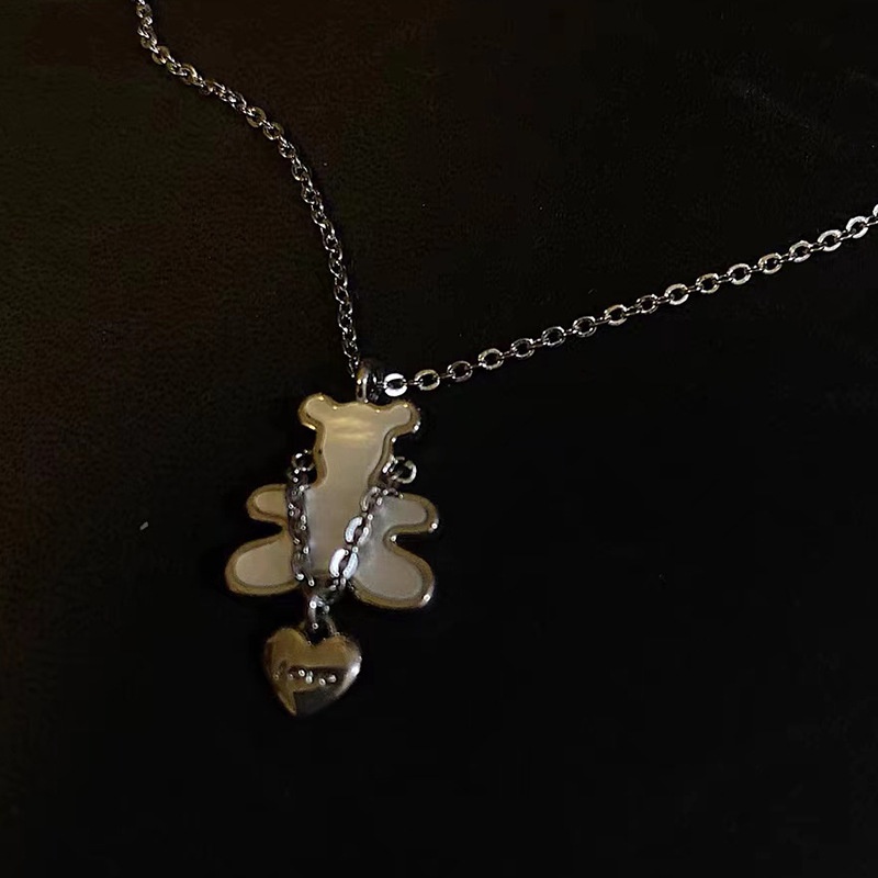 Kalung Rantai Klavikula Desain Beruang Hati Warna Silver Gaya Korea Serbaguna Untuk Aksesoris
