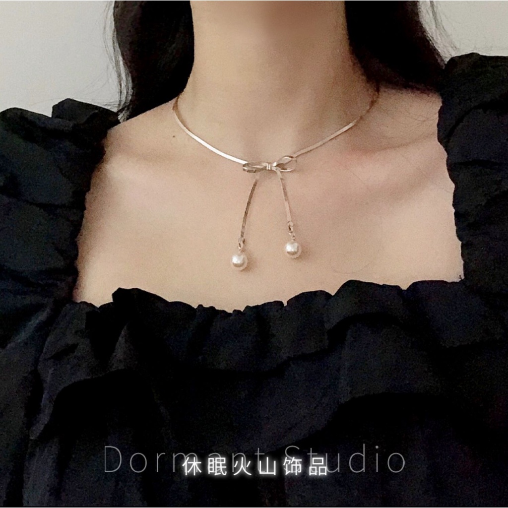 Busur kalung mutiara in niche desain trendi elegan kalung kerah perak sederhana all-match kalung