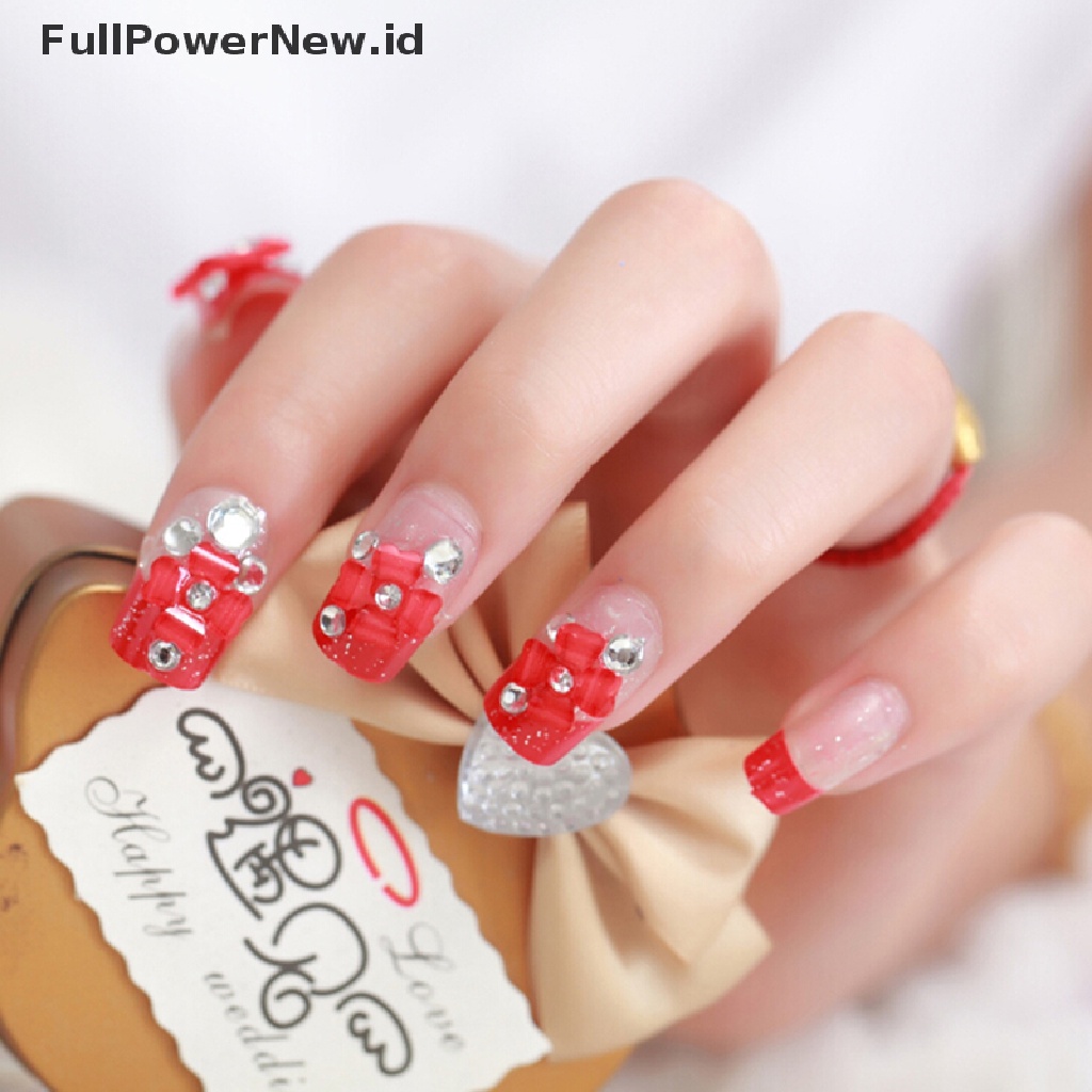 [KUKU PALSU] 24 Pcs/Set Red French Bride 3D Fake Nails Wrapped Tips Artificial False Nail .