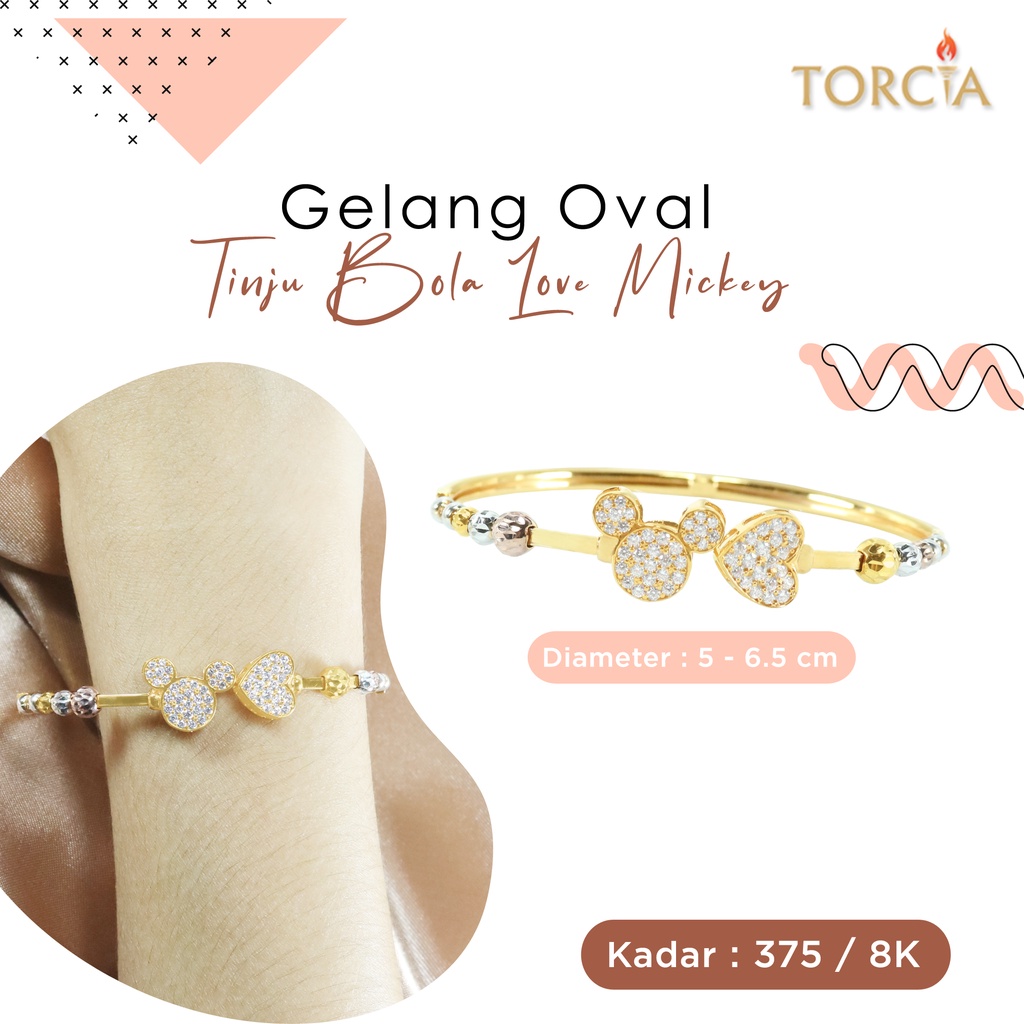 Gelang Oval Emas Asli Tinju Bulat Love Mickey Kadar 375 Torcia