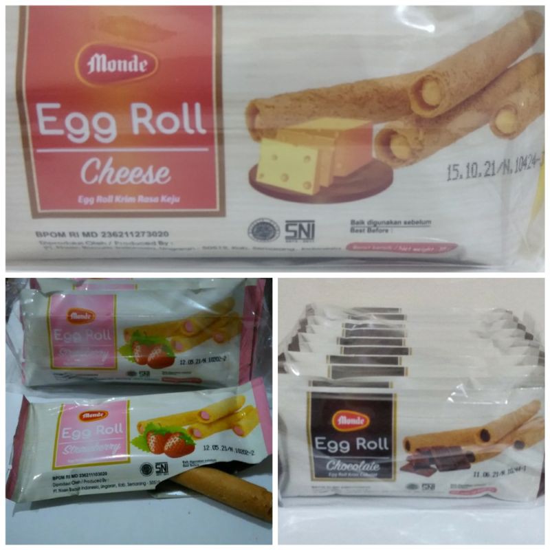 

Piscoklegit_ Biskuit Monde Egg Roll Strawberry/Coklat/Keju Isi 10 + Buble Warp