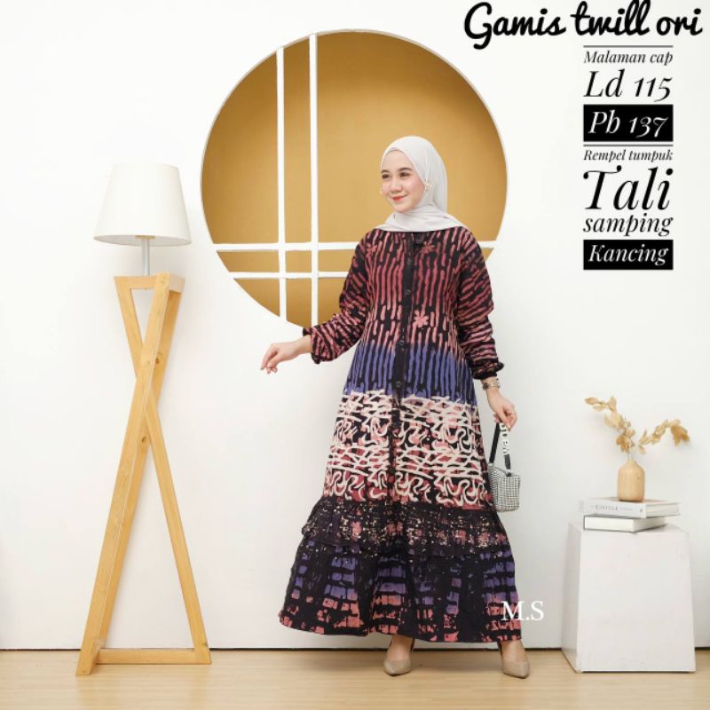 Gamis Twill Ori Gamis Batik Cap Malaman Karetan Busui Kancing Depan Model Rempel Bawah Susun Tumpuk 