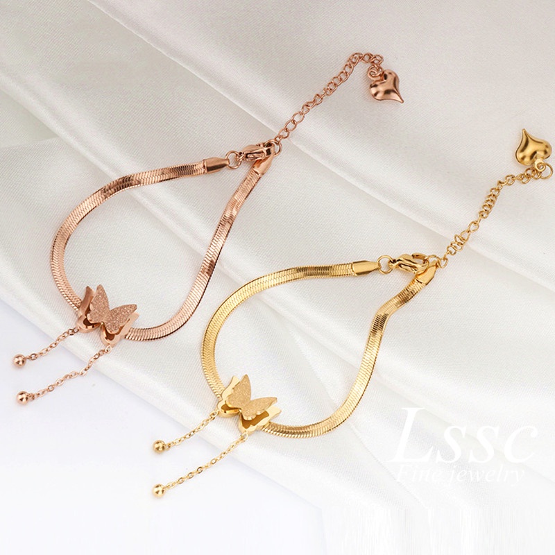 Gelang Titanium Kupu Cantik Rantai Belut Emas 18K Anti Karat Perhiasan Aksesoris Wanita