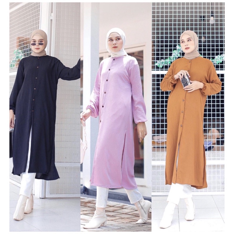 Tantri Long Tunik Rayon Crinkle Atasan Wanita Polos Full Kancing Busui Allsize Ootd Wanita Terbaru