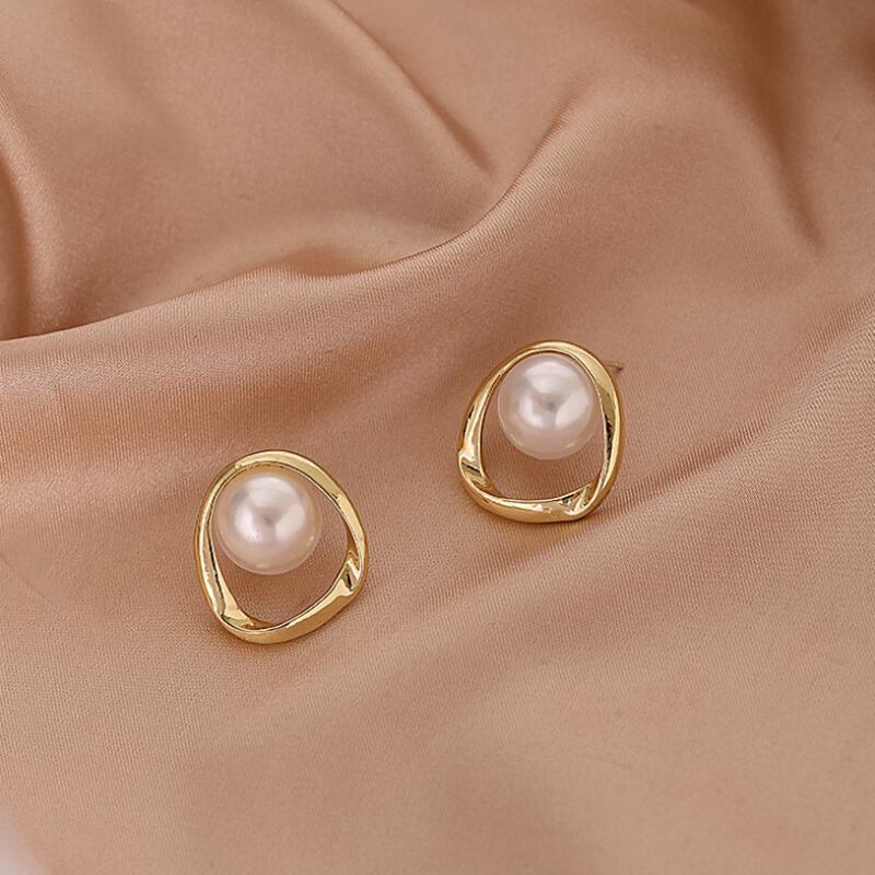 Anting Tusuk Sterling Silver 925 Desain Geometri Asimetris Hollow Hias Mutiara Ala Korea Untuk Wanita