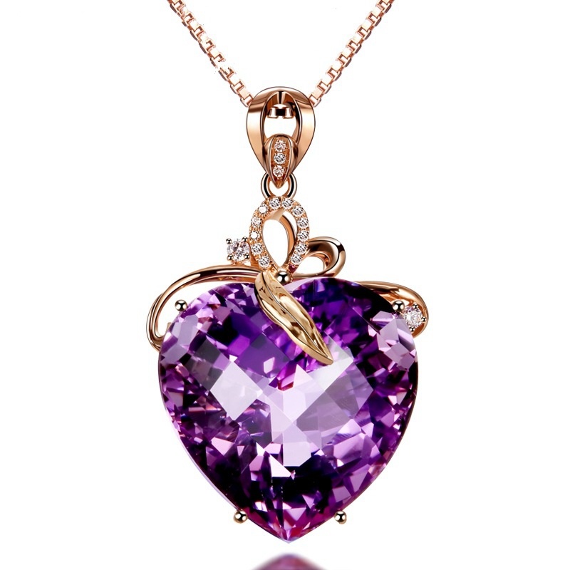 Kalung Rantai Lapis Emas 18k Dengan Liontin Batu Amethyst Bentuk Hati Untuk Wanita