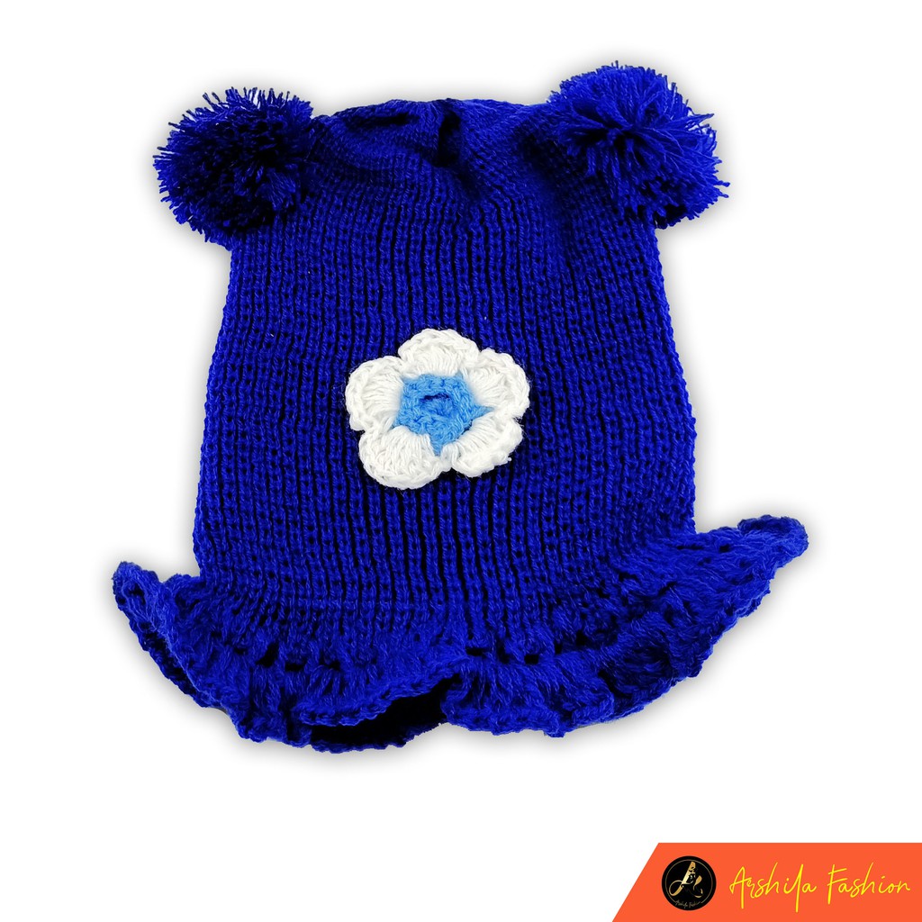 Kupluk Rajut Bayi Perempuan Motif Bunga 0 Sampai 3 Tahun / Kupluk Anak Bayi Motif Bunga-Biru