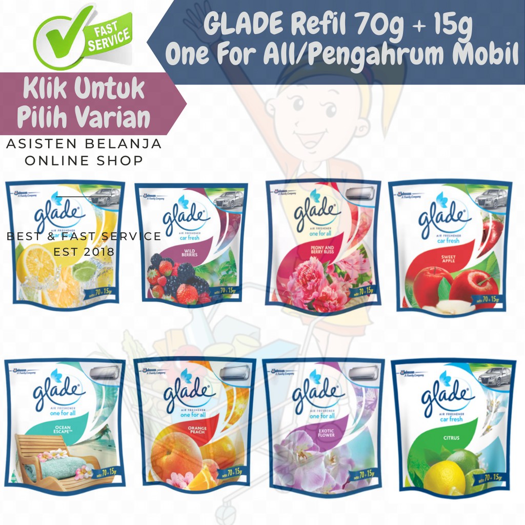 GLADE one for all / glade car gel freshener / bathroom 70gr + 5gr Pengharum Ruangan Gantung Lemari Mobil Kamar Mandi Toilet Gel Ocean Escape , Exotic Flower , Sweet Apple Apel , Peony and Berry Bliss , Orange Peach , Citrus , Wils Berries , Lemon Squash