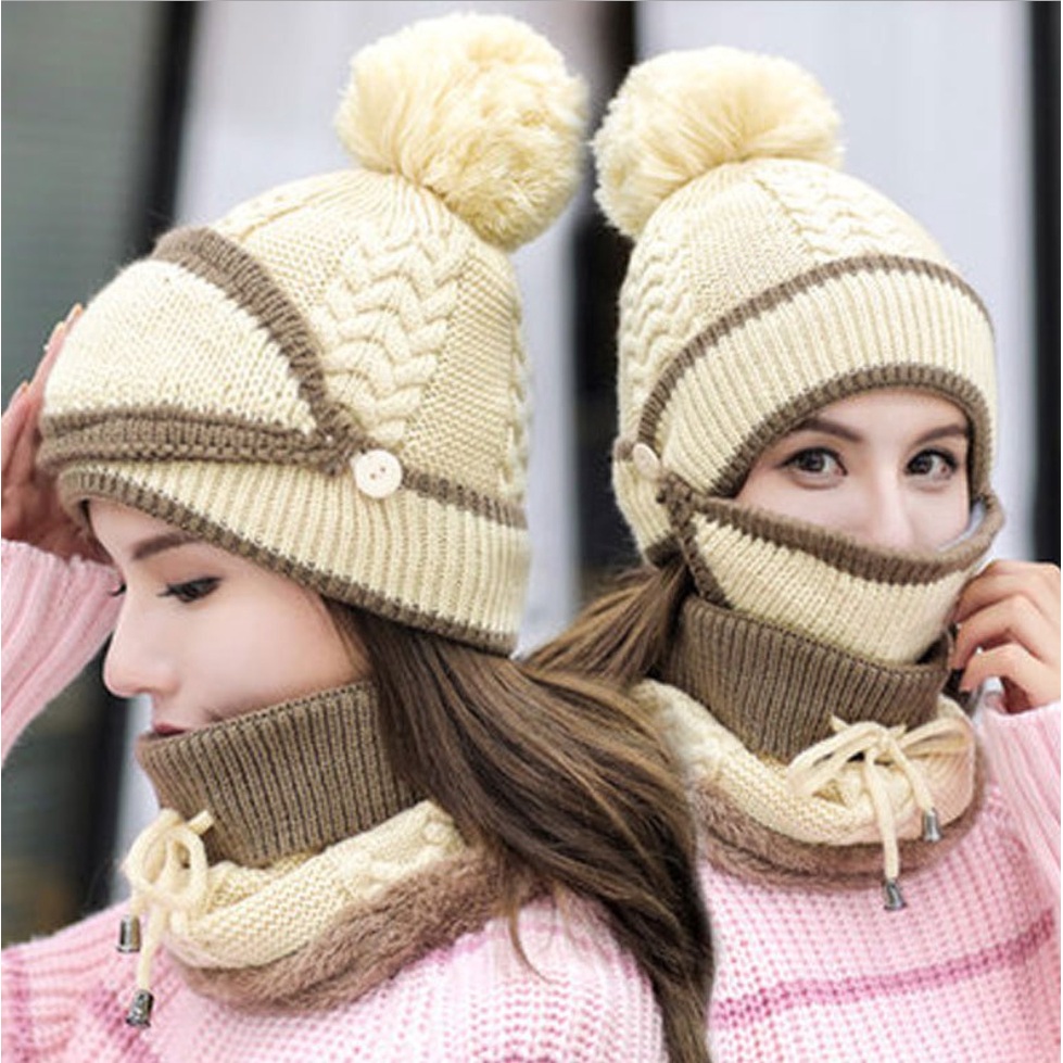 IMPORT WOMAN GIRL WINTER BEANIE KNIT HAT SCARF MASK ONE SET TOPI RAJUT SYAL MASKER MUSIM DINGIN WANITA ANAK