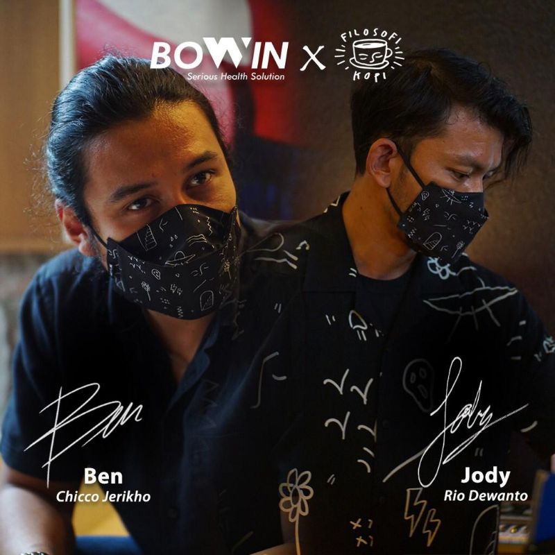 Masker Kain BOWIN X FILOSOFI KOPI bomber 3D 4D N95 N99 Dewasa ❌3ply / 4ply motor hitam earloop pria