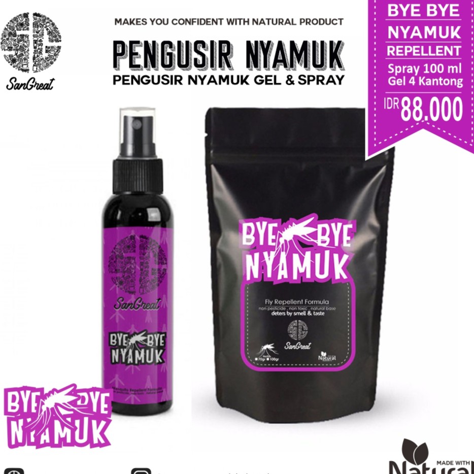 Anti nyamuk untuk bayi balita anak-anak  bentuk gel siap gantung non pestisida essential oil aman dari SanGreat Bye Bye Nyamuk gel 100 gr dan spray 100 ml