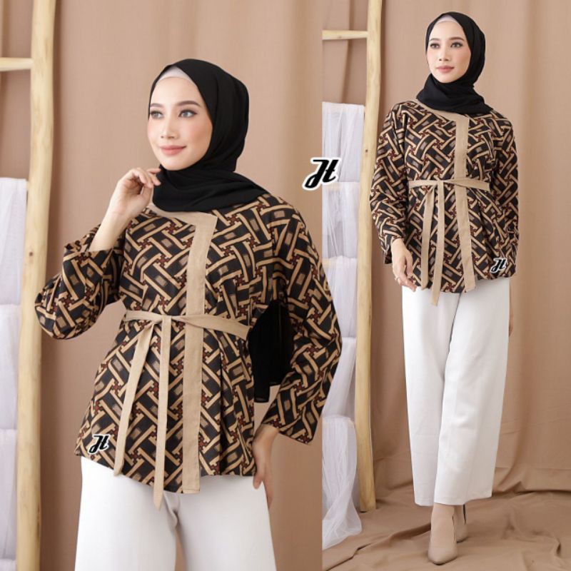 tey-17 Batik wanita ASJ SA HRB026 Kenongo Kemeja Tosca Pendek-Kotak pagar jt
