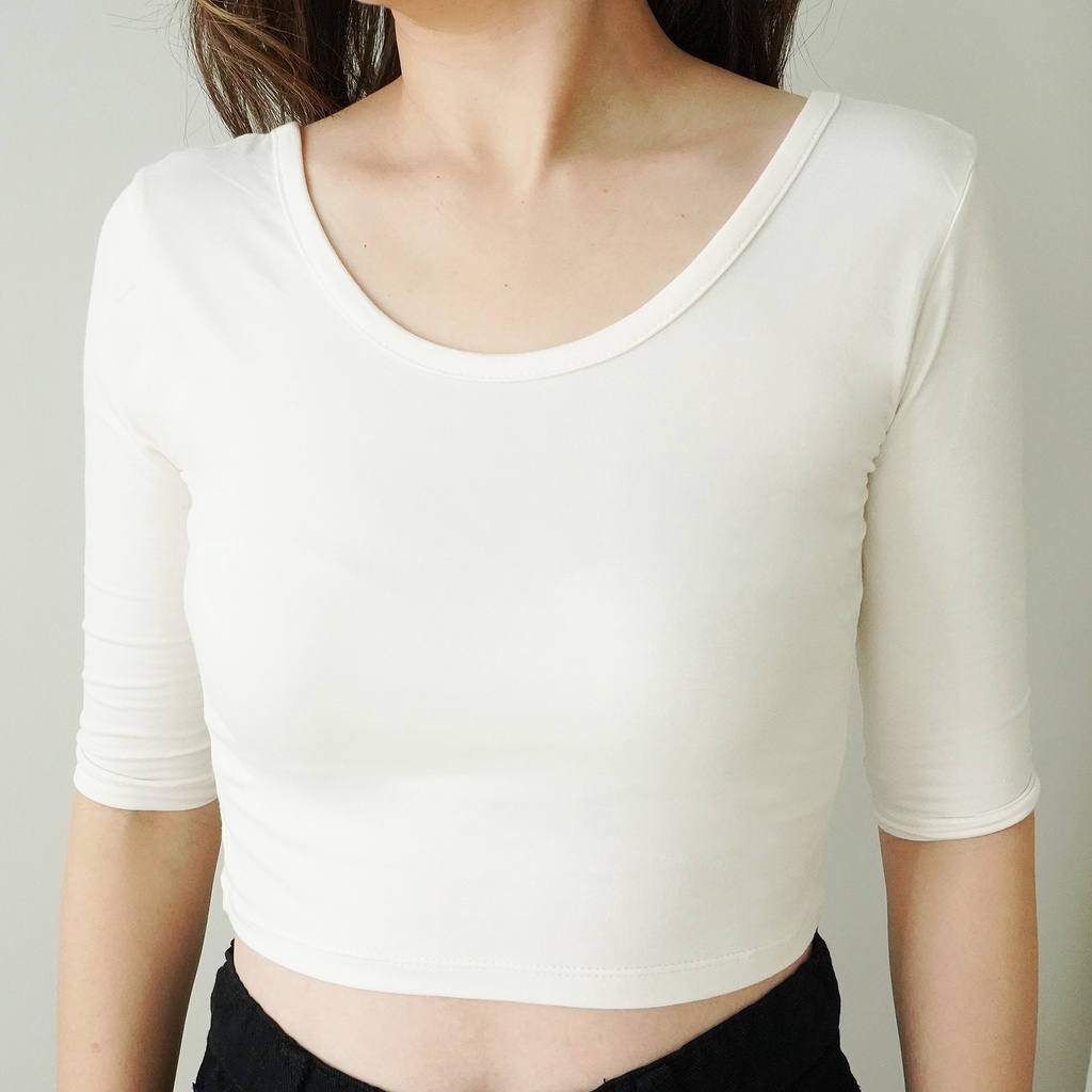 Korean Crop Top Kaos Casual Plain Short Sleeve Crop Top lengan 3/4 Baju Atasan Wanita 085