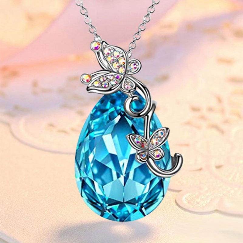 Kalung Rantai Klavikula Bentuk Kupu-Kupu Ganda Aksen Kristal Biru