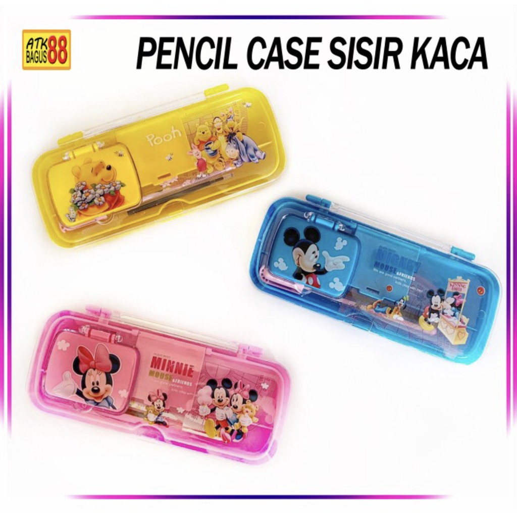 Pencil case / tempat pensil kaca plastik karakter set harga per 1 pcs (ada isi : pencil stip serutan kaca dan sisir)