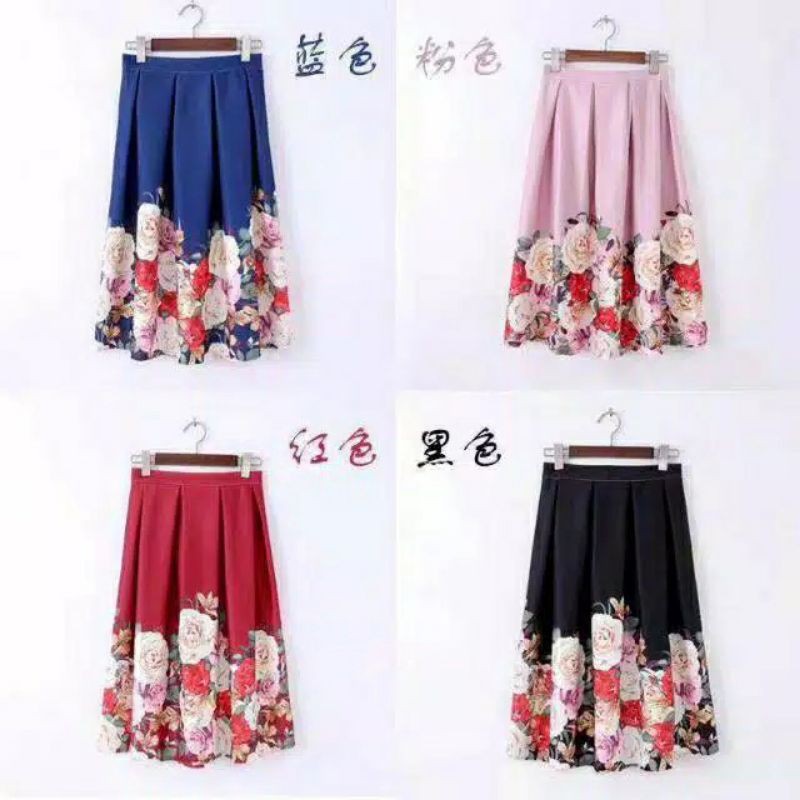 Rok scuba foam midi flare skirt flower real pic Bayar ditempat COD import asli thailand bangkok
