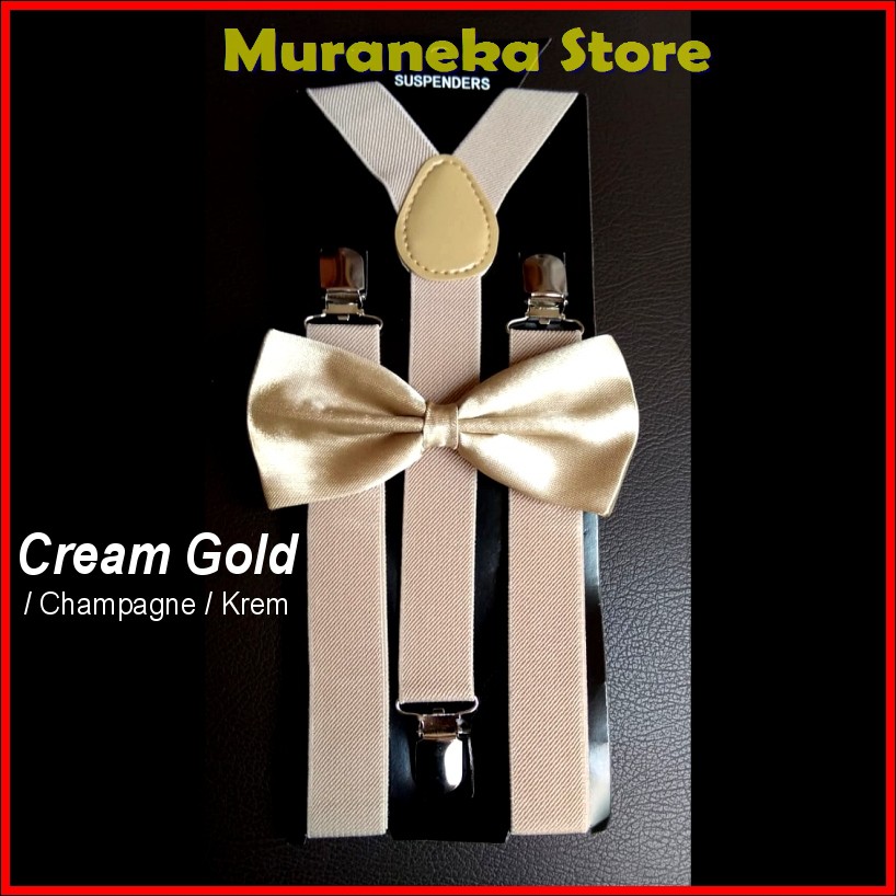 PAKET SUSPENDER BRETEL DASI KUPU BOWTIE GOLD KUPU2 KREM KUNING CHAMPAGNE CREAM TALI JOJON DEWASA