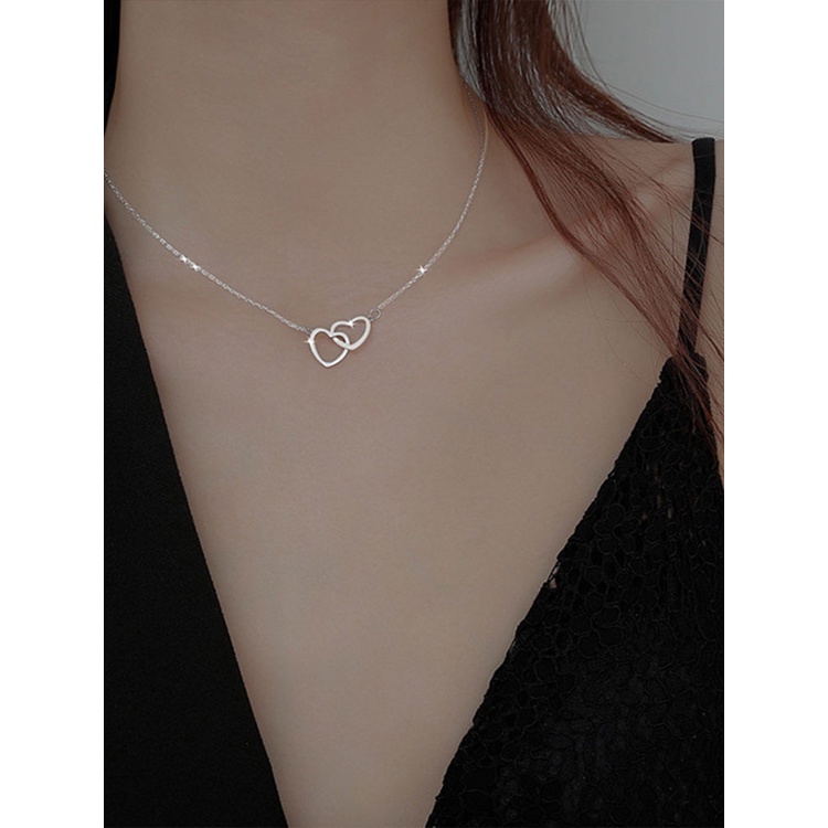 Kalung Rantai Klavikula Bahan 925 Sterling Silver Bentuk Hati Ganda Aksen Zirkon Untuk Wanita
