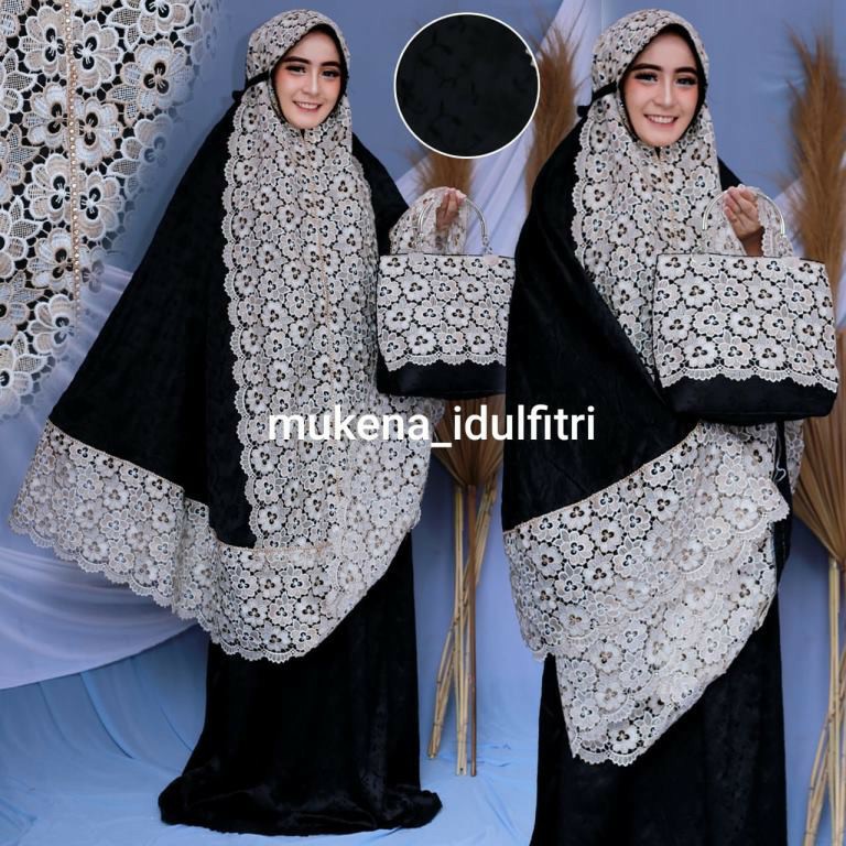 Mukena hitam Sutra paris prada/Swarovski Premium Mewah Hantaran maskawin mahar Seserahan cantik