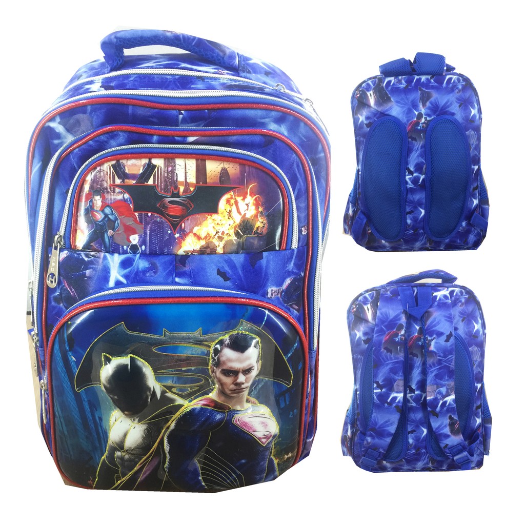 Tas Ransel Sekolah Anak SD 6 Dimensi Bantalan Punggung  Bat man Vs Super man 5 Kantung IMPORT